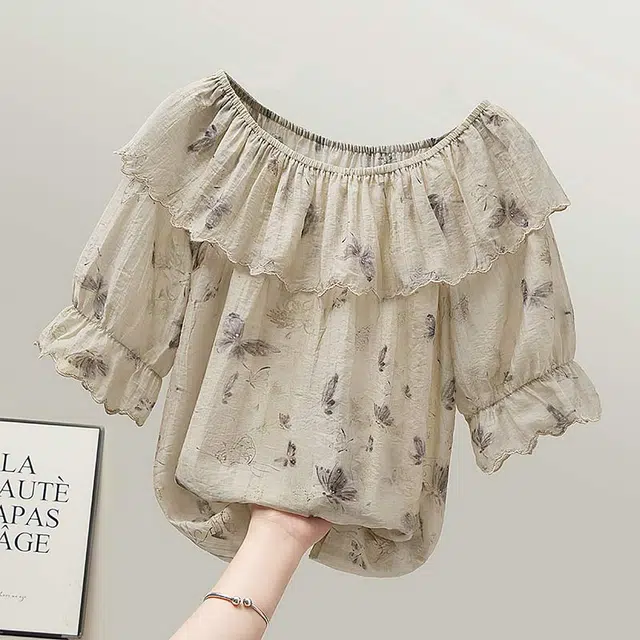 丝柏舍 撞色蝴蝶图案宽松款短款荷叶边拼接圆领气质短袖衬衫 女款