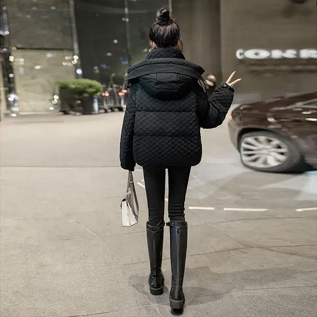 丝柏舍 短款休闲纯色保暖连帽小个子气质落肩长袖棉服 女款 黑色