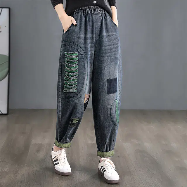 丝柏舍 复古毛边设计撞色拼接做旧水洗宽松九分牛仔裤 女款 深蓝拼绿