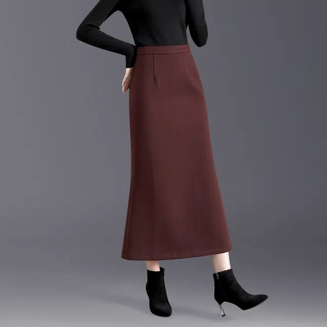 她池 高腰包臀优雅鱼尾裙纯色气质开叉休闲长裙 女款 安可拉红