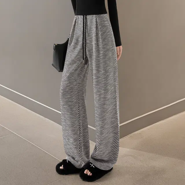 她池 通勤简约撞色条纹抽绳松紧腰长款休闲裤 女款 黑白斜纹