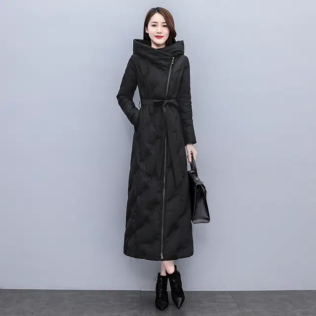 丝柏舍 长款过膝保暖收腰气质纯色简约长袖连帽棉服 女款 黑色
