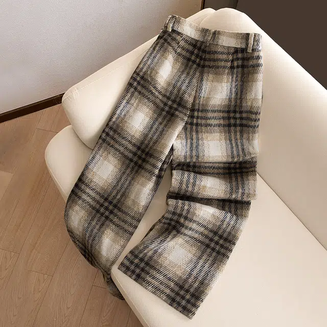 丝柏舍 撞色格纹高腰长款阔腿垂感宽松款气质复古休闲裤 女款