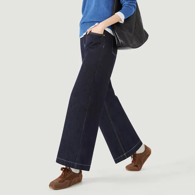 她池 简约通勤风水洗高腰纯色长款阔腿牛仔裤 女款
