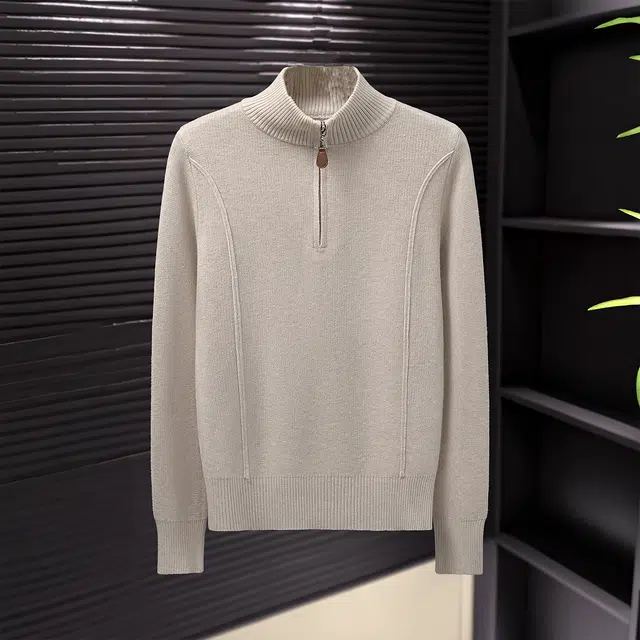 她池 通勤简约风纯色半拉链套头修身正肩长袖针织衫 女款 燕麦色