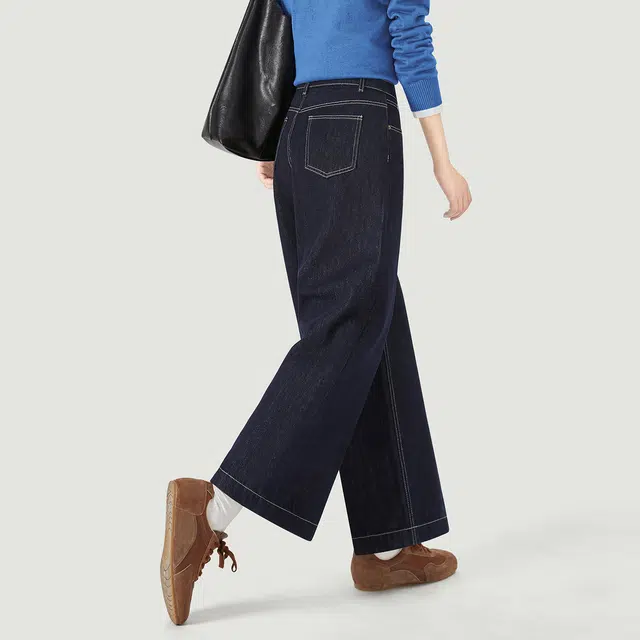 她池 简约通勤风水洗高腰纯色长款阔腿牛仔裤 女款
