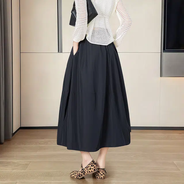 她池 高腰花苞裙通勤简约宽松款松紧腰中长款休闲长裙 女款