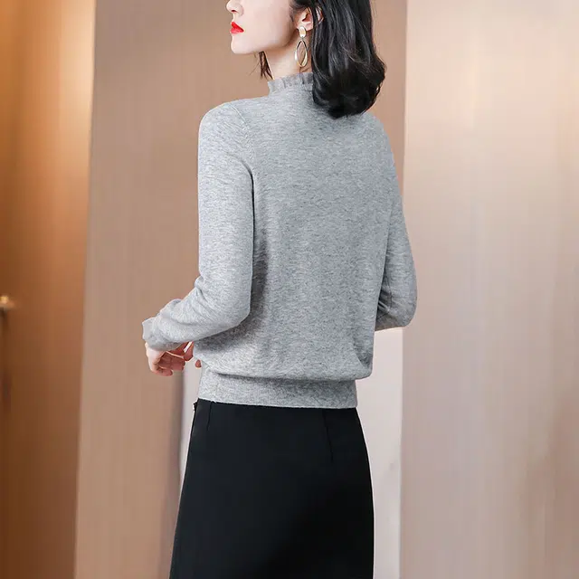 丝柏舍 纯色网纱拼接木耳边长袖套头针织衫 女款