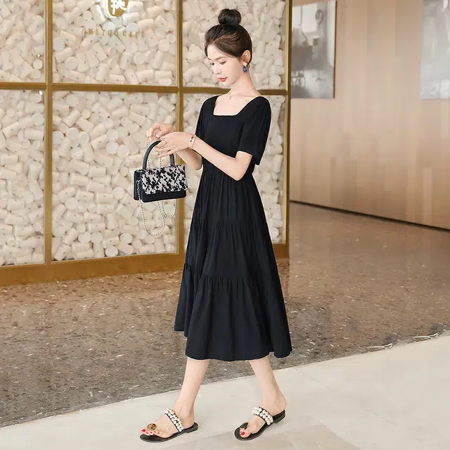 丝柏舍 褶皱收腰方领套头长款短袖连衣裙 女款 黑色