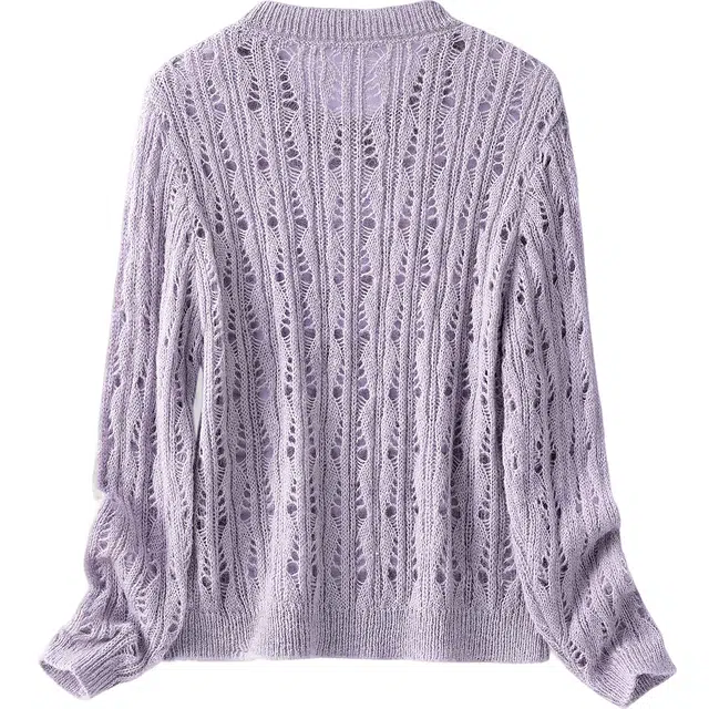 丝柏舍 温柔风气质纯色镂空薄款圆领套头短款长袖针织衫 女款