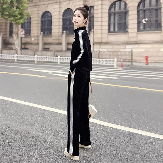 丝柏舍 高腰阔腿裤搭长袖外套条纹两件套运动休闲套装 女款 黑色