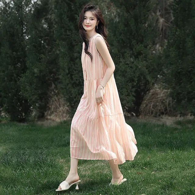 丝柏舍 撞色高腰圆领中长款无袖连衣裙 女款 粉杏条纹