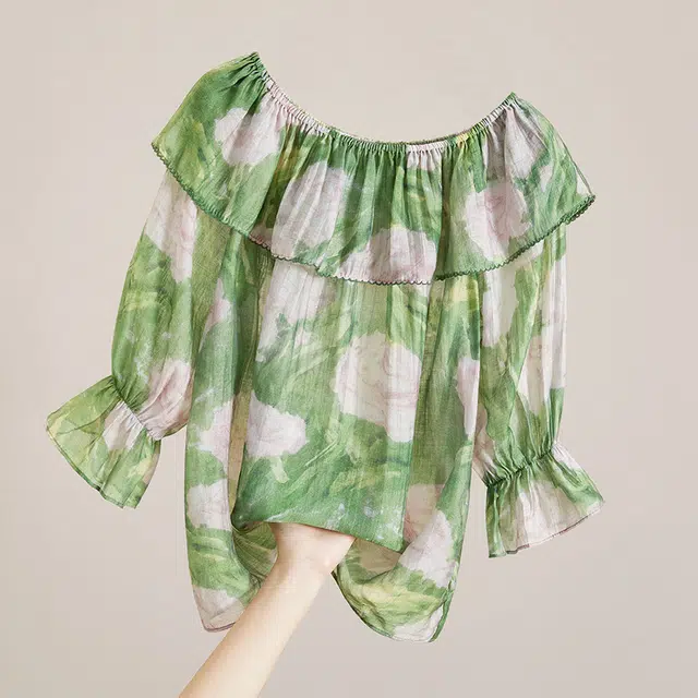 她池 温柔甜美风一字领套头撞色印花荷叶边七分袖衬衫 女款 花色