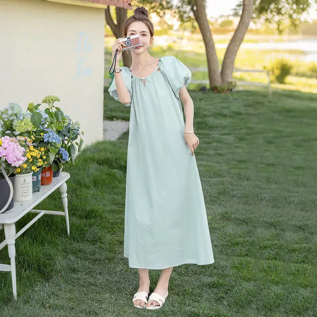 丝柏舍 小清新圆领泡泡袖气质短袖连衣裙 女款