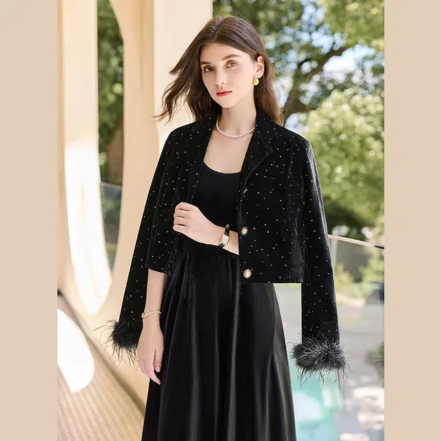 她池 重工烫银简约拼接短款西装领截短外套 女款 黑色