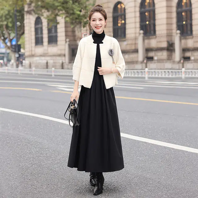 丝柏舍 纯色九分袖开衫上衣气质宽松显瘦短款绒感外套 女款 米色