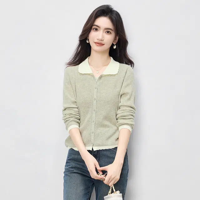 丝柏舍 花边翻领拼色单排扣开衫针织衫 女 灰杏色