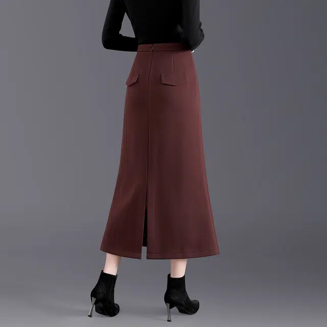 她池 高腰包臀优雅鱼尾裙纯色气质开叉休闲长裙 女款 安可拉红