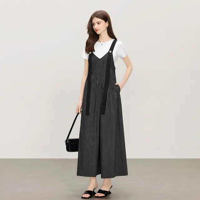 她池 减龄拼接宽松款阔腿休闲长款无袖连体衣 女款 条纹