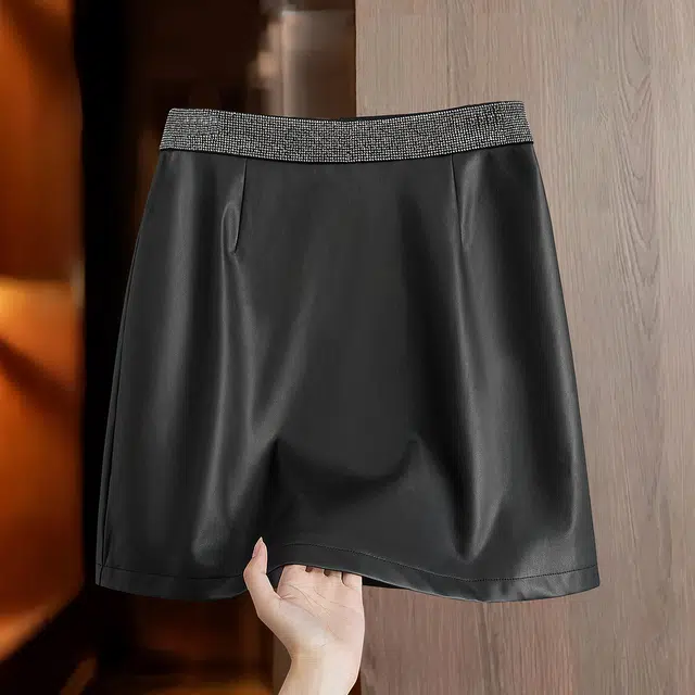 她池 气质优雅高腰烫钻吸睛修身包臀皮短裙 女款