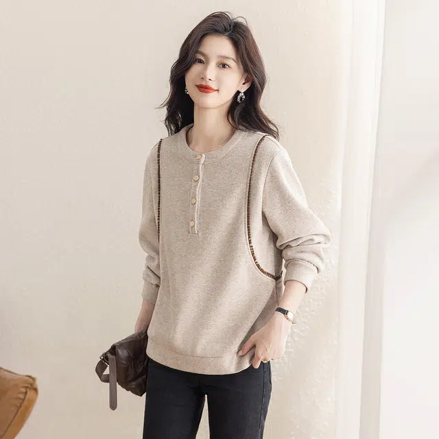 丝柏舍 圆领拼色纽扣设计套头休闲宽松款落肩长袖简约通勤卫衣 女款