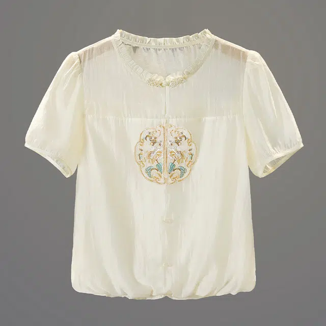 她池 木耳边衬衣盘扣刺绣新中式短袖衬衫 女款