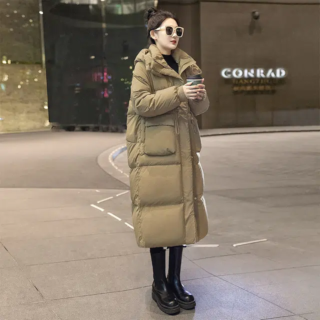 丝柏舍 连帽中长款纯色过膝遮肉宽松简约保暖长袖棉服 女款 卡其绿