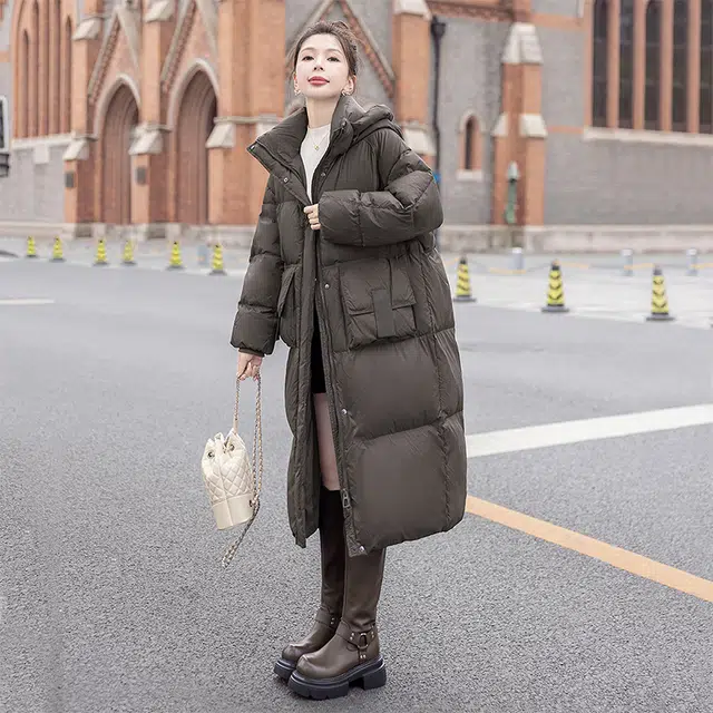 丝柏舍 纯色百搭长款连帽简约休闲羽绒服 女款 灰咖色