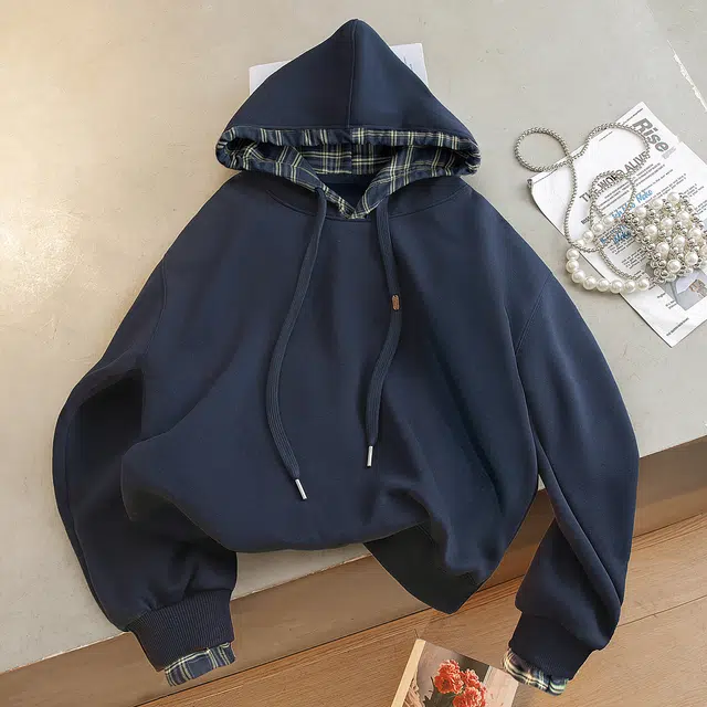 丝柏舍 撞色格纹拼接抽绳连帽套头宽松款休闲时髦落肩长袖卫衣 女款