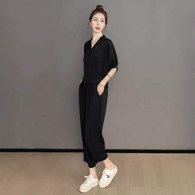 丝柏舍 单排扣短款上衣搭九分哈伦裤纯色宽松运动两件套休闲套装 女款