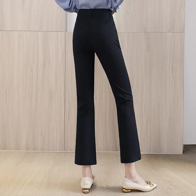 丝柏舍 纯色修身微喇裤简约开叉显瘦九分休闲裤 女款 黑色