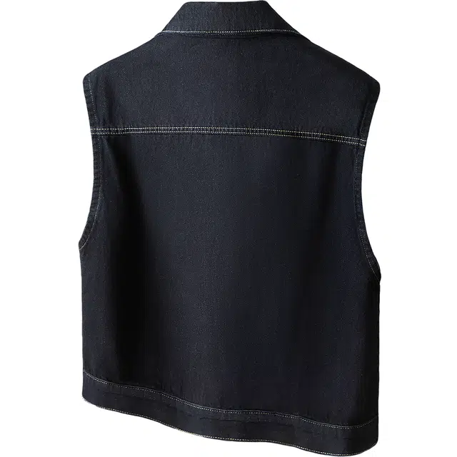 丝柏舍 宽松款翻领单排扣水洗短款叠穿串珠装饰撞色牛仔马甲 女款