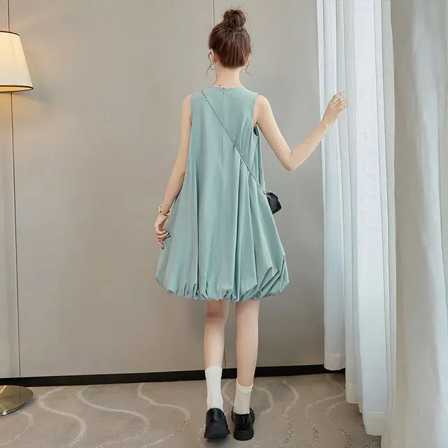 丝柏舍 纯色宽松花苞裙清新圆领短款减龄无袖连衣裙 女款 湖蓝色