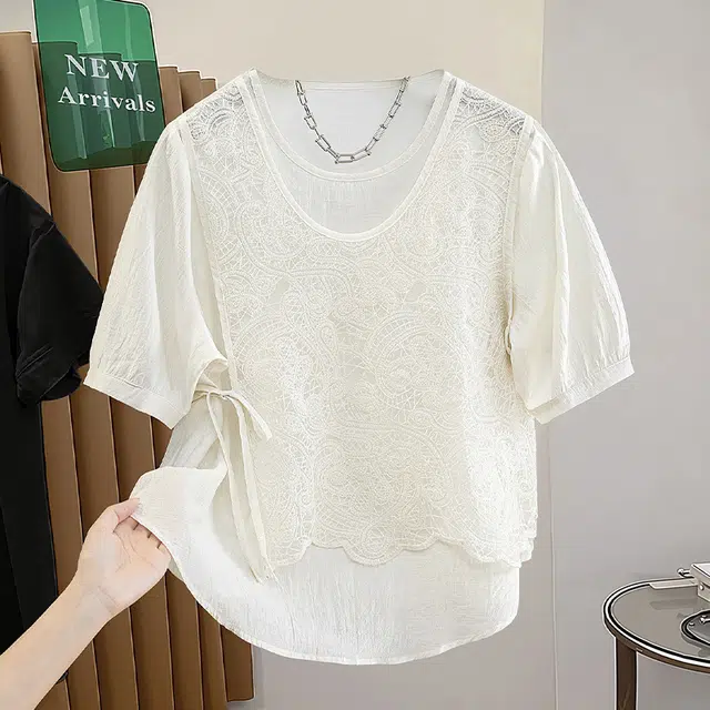 她池 小众圆领短袖套头衬衣蕾丝拼接假两件衬衫 女款
