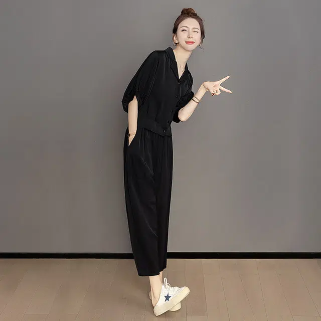 丝柏舍 单排扣短款上衣搭九分哈伦裤纯色宽松运动两件套休闲套装 女款