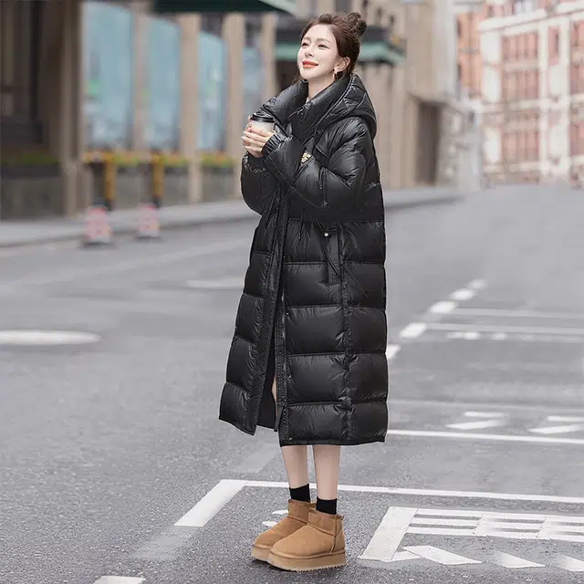 丝柏舍 字母图案连帽中长款简约保暖宽松韩版长袖棉服 女款 黑色