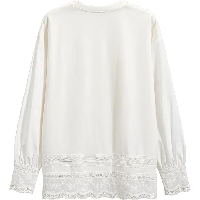 她池 设计感蕾丝拼接纯色圆领套头宽松款长袖卫衣 女款 白色