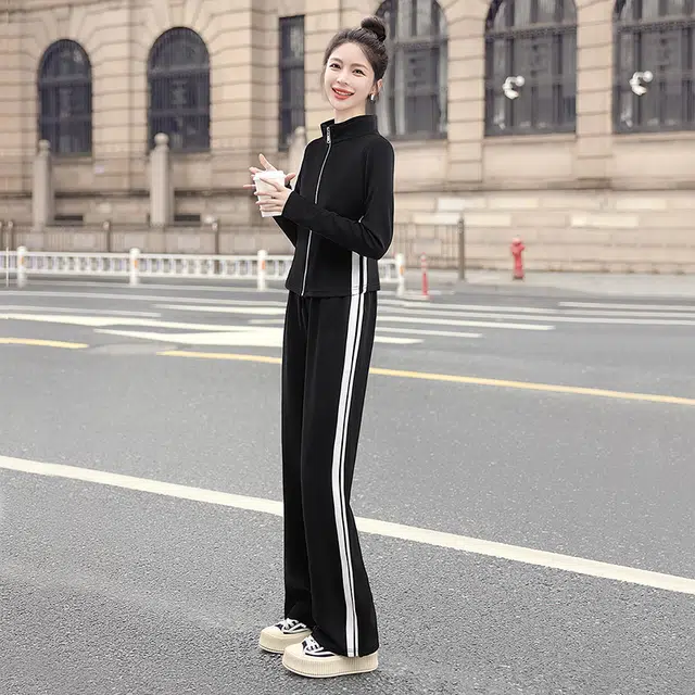 丝柏舍 修身短款立领长袖上衣搭长款高腰阔腿裤撞色条纹运动两件套休闲套装 女款 黑色