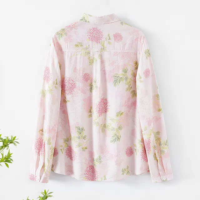 她池 翻领单排扣宽松衬衣清新甜美风印花长袖衬衫 女款 粉色花