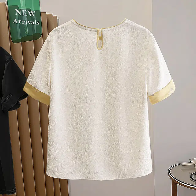 她池 圆领短袖提花拼接新中式衬衫 女款