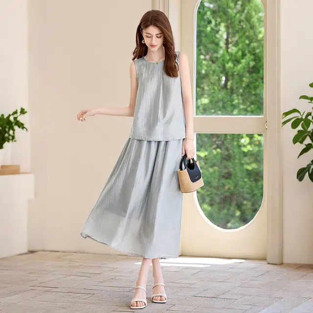 她池 休闲背心搭半身裙两件套正反两穿裙装套装 女款