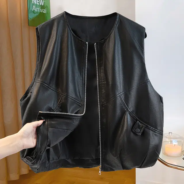 丝柏舍 纯色圆领马夹拼接宽松款休闲风叠穿皮衣拉链马甲 女款