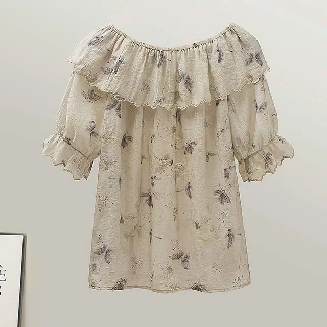 丝柏舍 撞色蝴蝶图案宽松款短款荷叶边拼接圆领气质短袖衬衫 女款