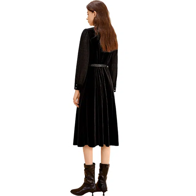 她池 气质修身拼接木耳边舒适长袖连衣裙 女款 黑色