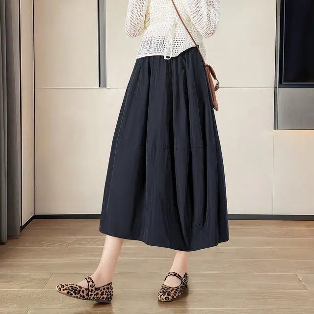 她池 高腰花苞裙通勤简约宽松款松紧腰中长款休闲长裙 女款