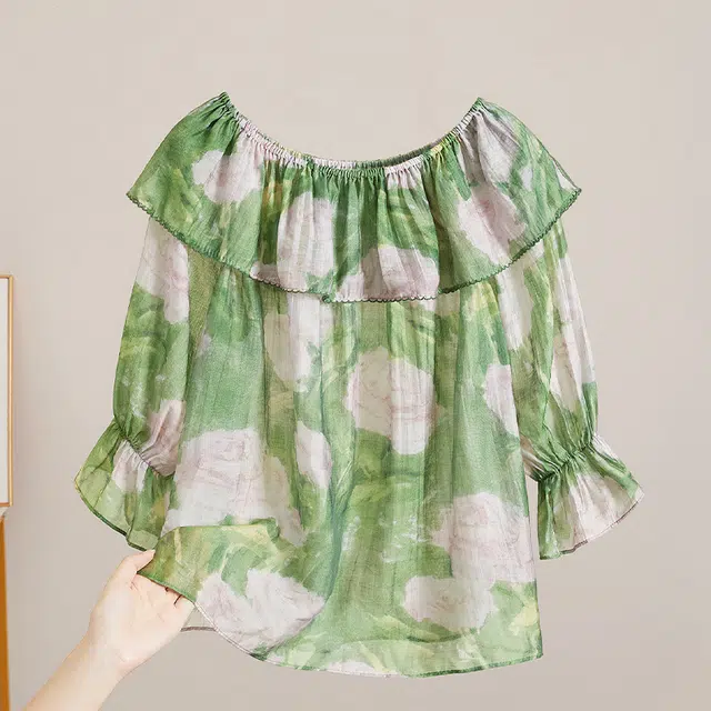 她池 温柔甜美风一字领套头撞色印花荷叶边七分袖衬衫 女款 花色