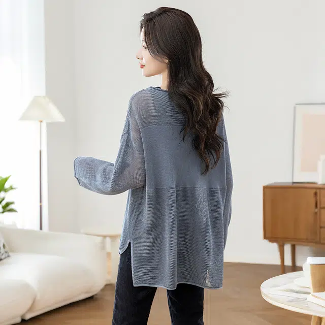 丝柏舍 镂空纯色圆领开叉慵懒风宽松款简约罩衫落肩长袖针织衫 女款