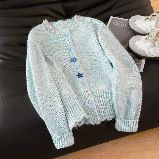 她池 甜美宽松设计感圆领通勤休闲长袖针织衫 女款 浅蓝