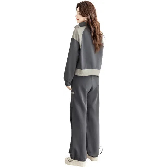 丝柏舍 舒适拼接日常上衣高腰宽松下衣休闲套装 女款 青灰色