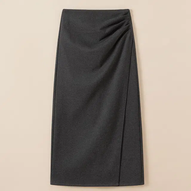 她池 通勤简约设计感捏褶纯色中长款包臀休闲长裙 女款